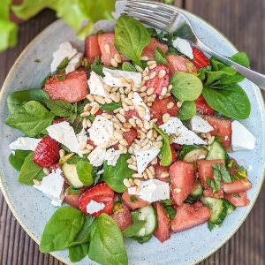 Watermelon Salad with Strawberries, Herbs, and Feta