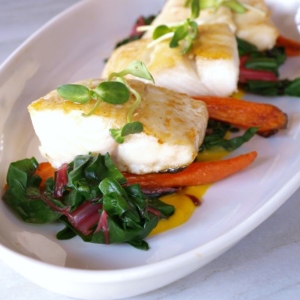 Coconut Glazed Halibut with Butternut Curry Sauce